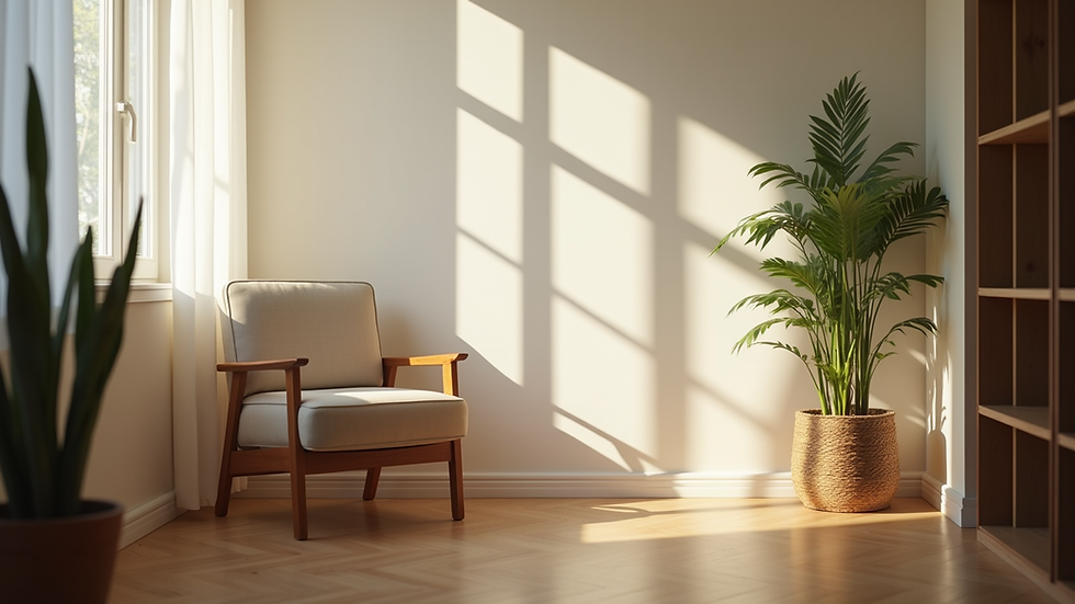 Eye-level view of a quiet room with a comfortable chair and soft lighting