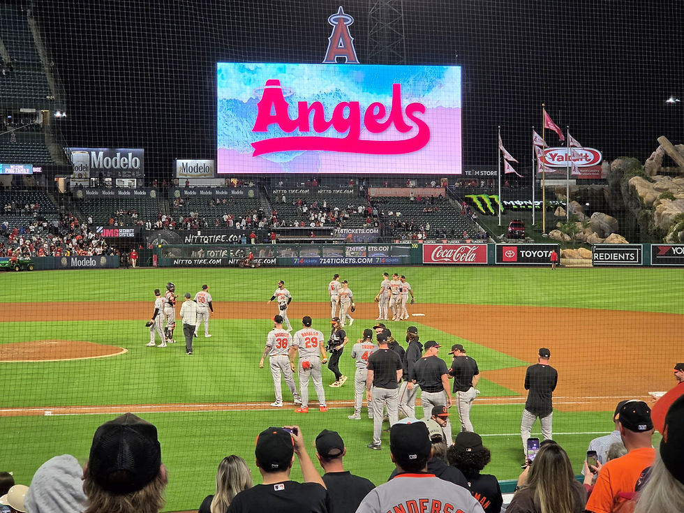A familiar and frequent sight at Angel Stadium. The visiting team postgame handshake.