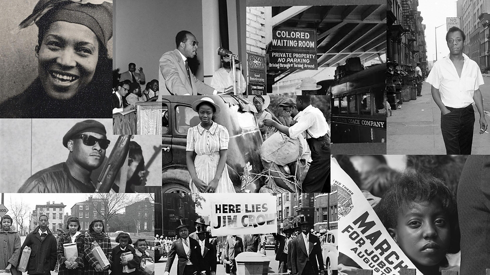 Black and white collage of historical images: