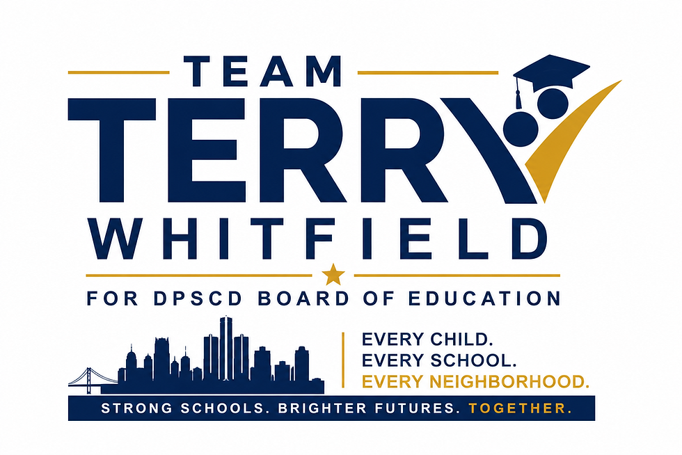 Team Terry Whitfield campaign logo in navy and gold with Detroit skyline