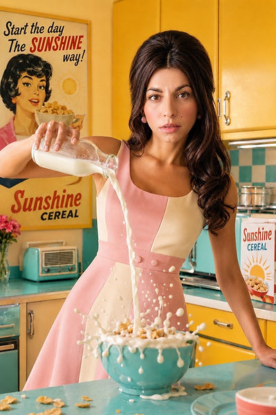 Samira pouring milk in retro yellow kitchen with vintage cereal poster