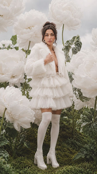 Samira in white fur coat among oversized white peony flowers