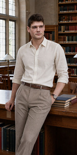 Joshua in a cream linen shirt and taupe pleated trousers with a brown belt, leaning against a table in a library.