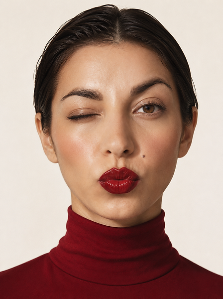 Glossy red. slicked back. playful.