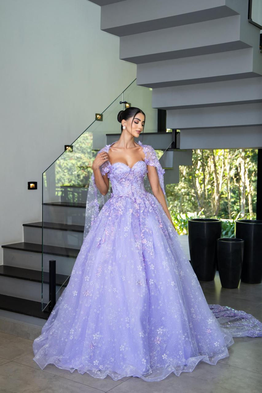 Miniatura: Vestido de Debutante Longo Princesa Ariéska Lilás com capa