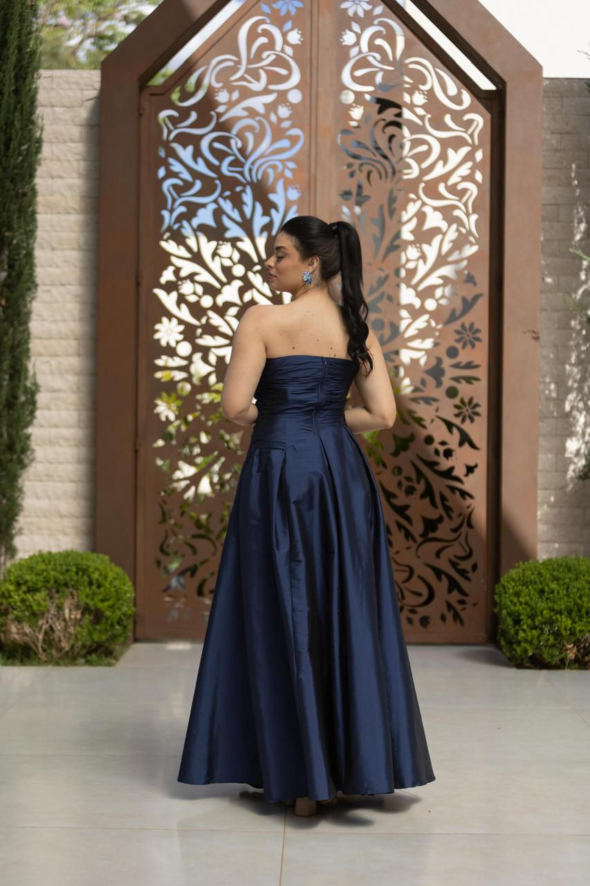 Miniatura: Vestido de Festa em Tafetá Azul Marinho com Laço Alara