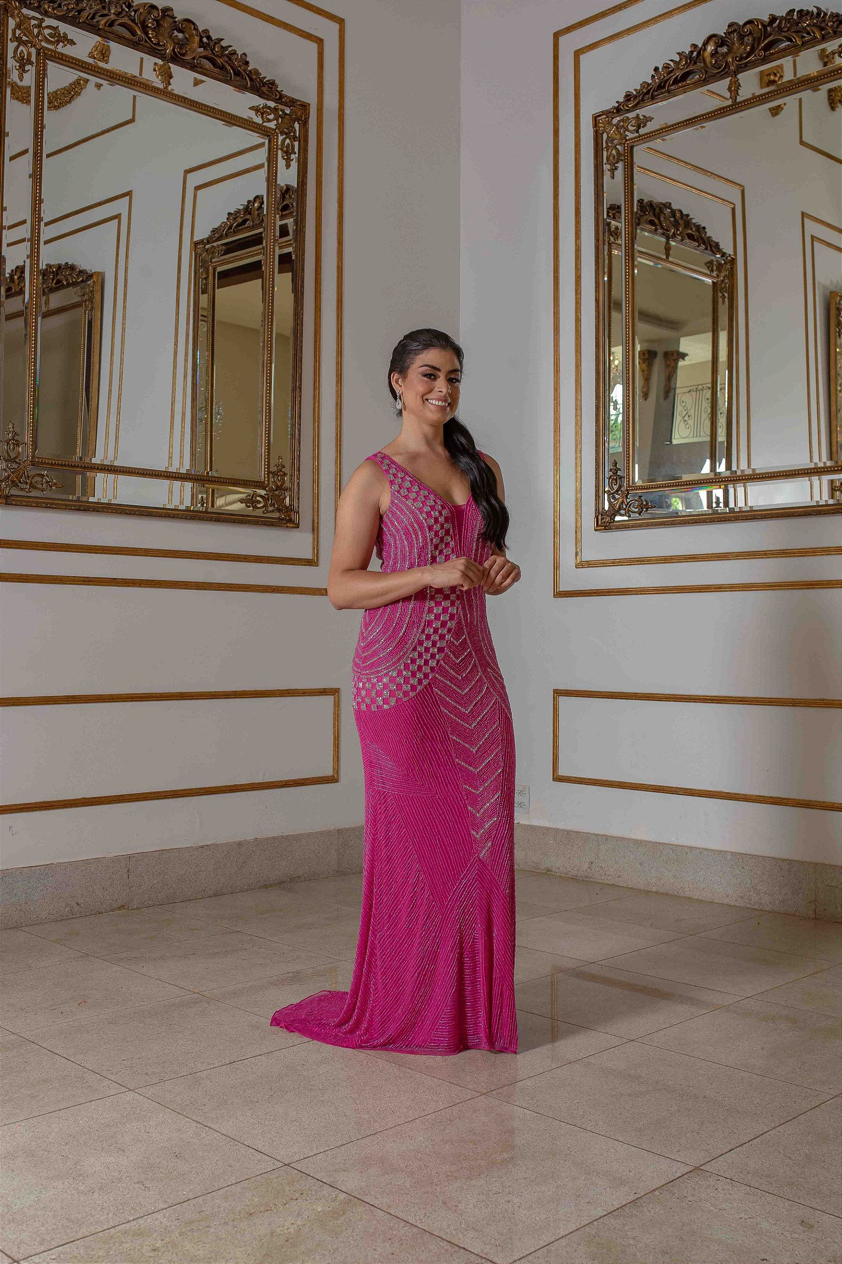 Vestido Longo Juliete Bordado Fucsia