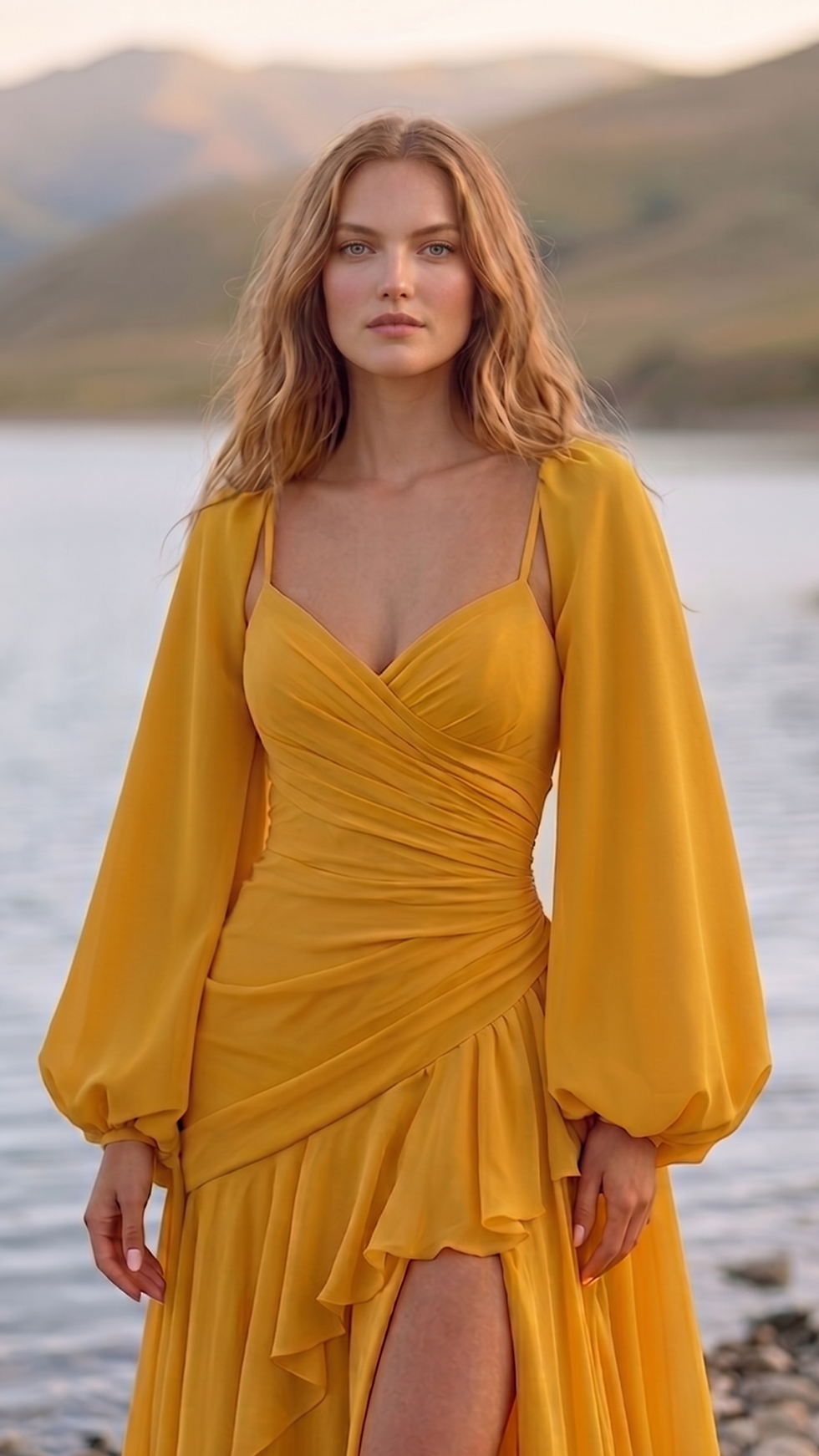 Miniatura: Vestido de Festa Amarelo Mostarda com capa Milena