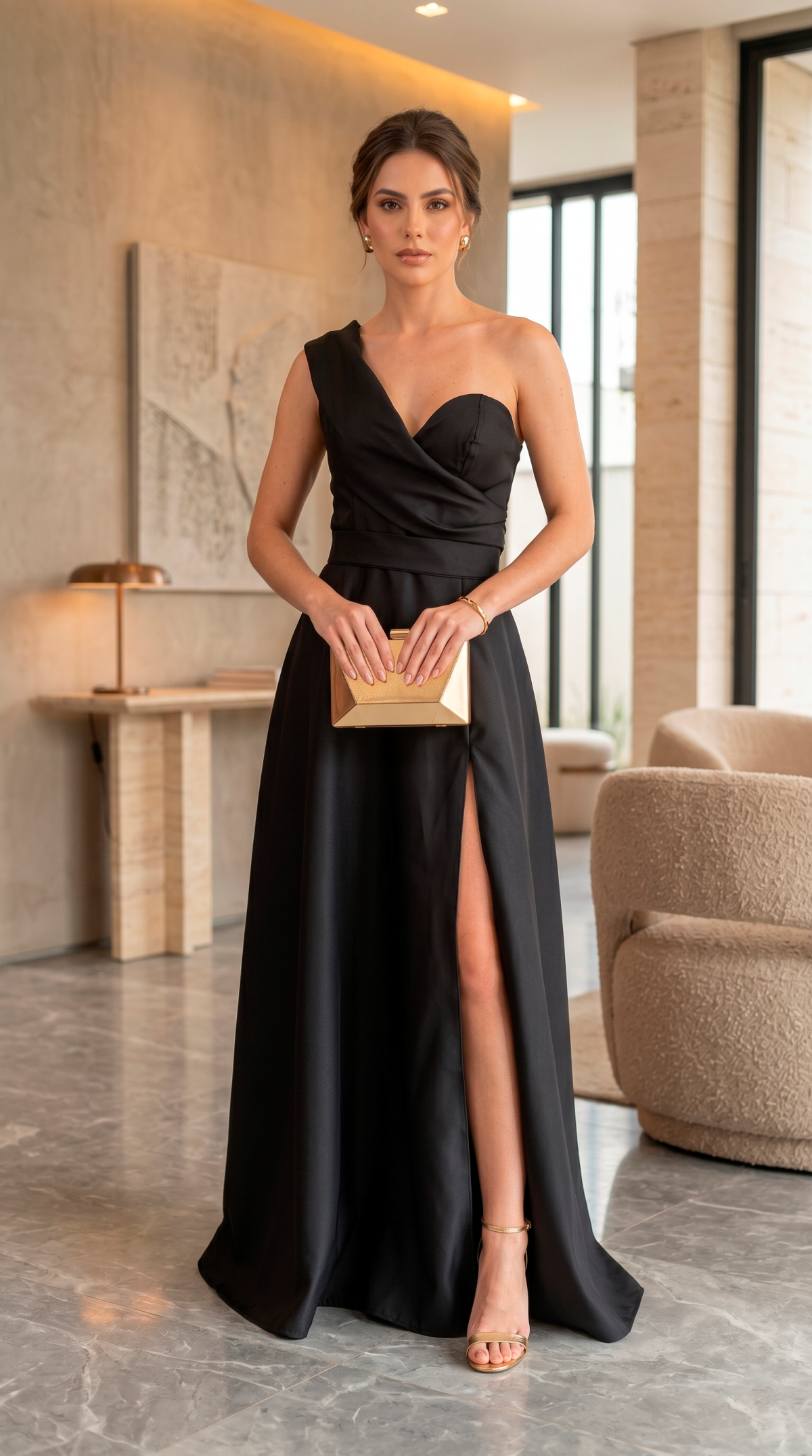Vestido de Festa Mabia Preto em Zibeline Nula Manga