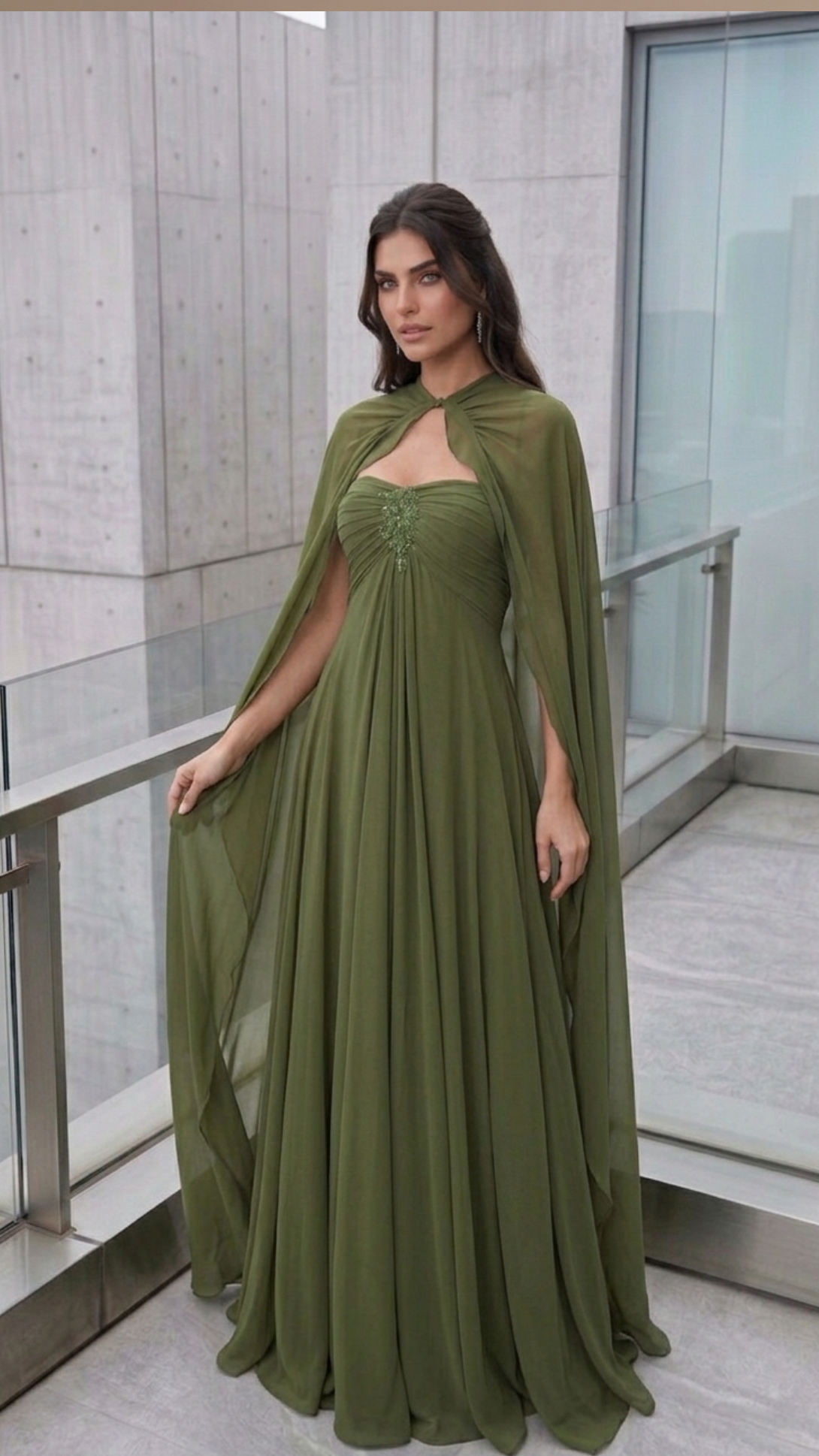 Vestido de Festa Verde Oliva bordado no busto Selena