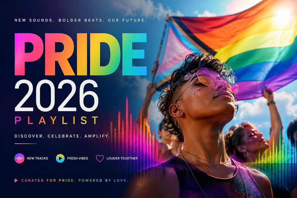 Rainbow Pride 2026 playlist poster with a person in sunglasses and rainbow flag at a sunny celebration, text: New sounds, bolder beats.