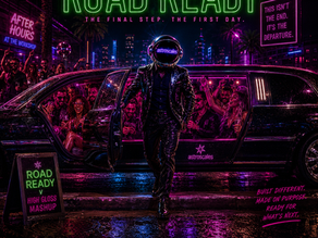 DJ Astro Naught poses ROAD READY in front of the finished veichlewith crowds surrounding him in the neon night