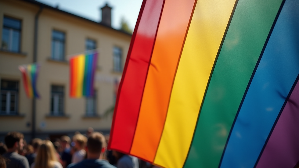 Close-up view of a colourful pride flag hanging in a community space