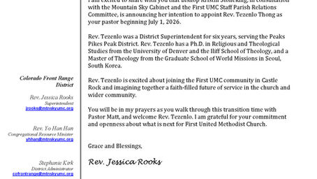 Announcement of Incoming Pastor