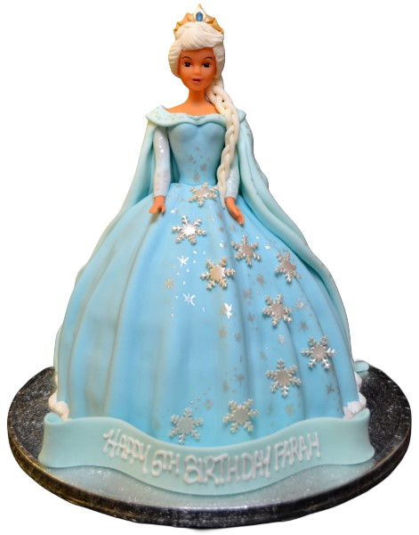 Bespoke Elsa princess doll cake with detailed blue gown and snowflake accents, crafted in Solihull, West Midlands.