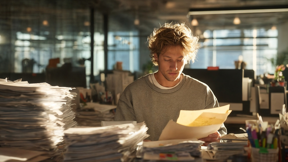 A man sitting at an office desk going through a large stack of papers
