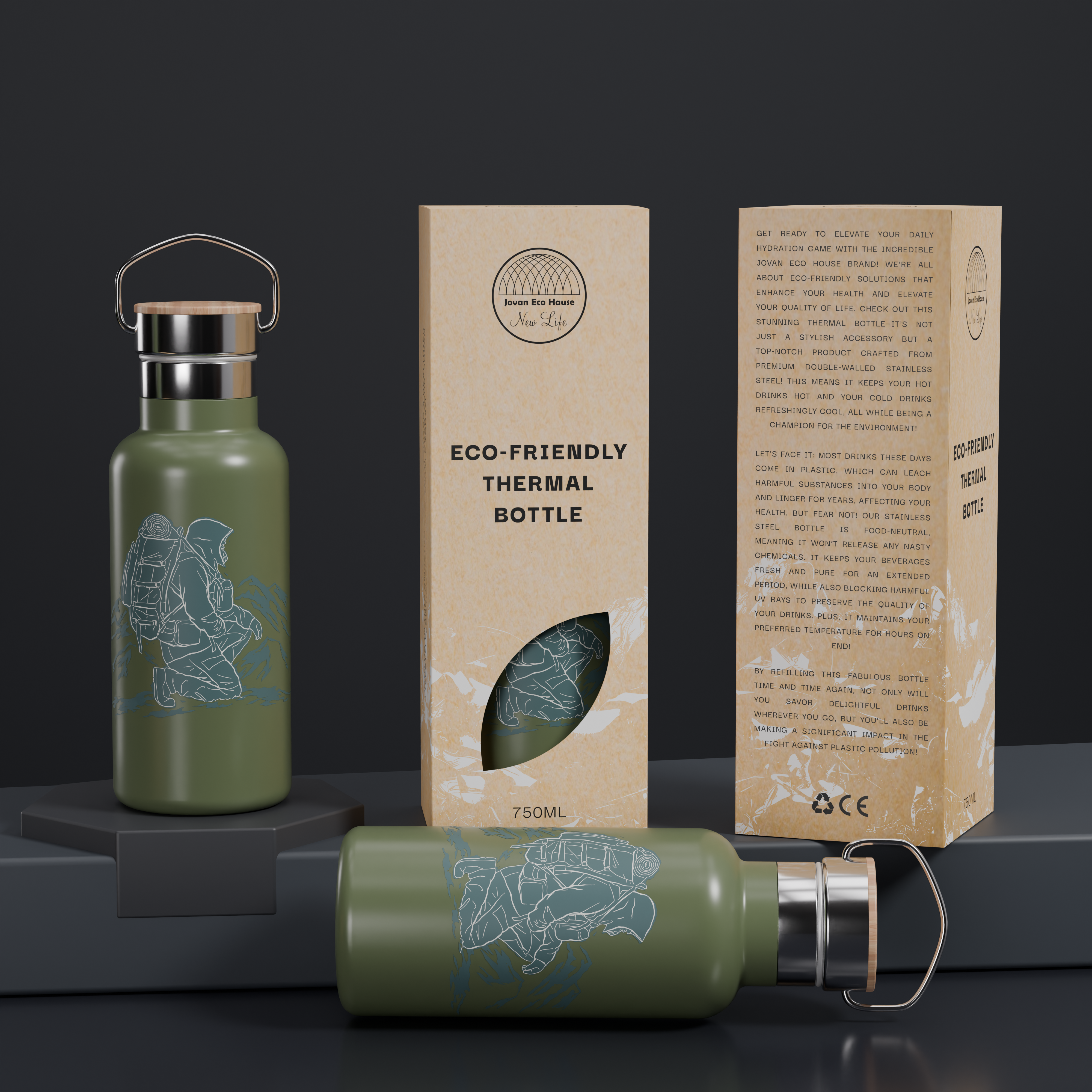 Thermal Steel bottle Bamboo Handle Lid Adventure Design 750 ml