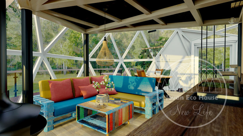 Glass geodesic dome for eco turism or habitation livingroom with self-made  pallets furniture