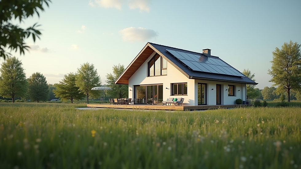 Eye-level view of a modern energy-efficient home with solar panels on the roof