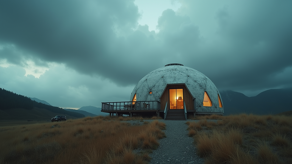 High angle view of a geodesic dome home standing firm in a stormy environment