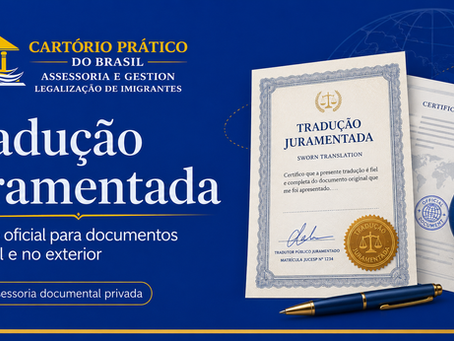 Imagem sobre tradução juramentada de documentos brasileiros e estrangeiros com identidade visual azul, dourada e branca do Cartório Prático.