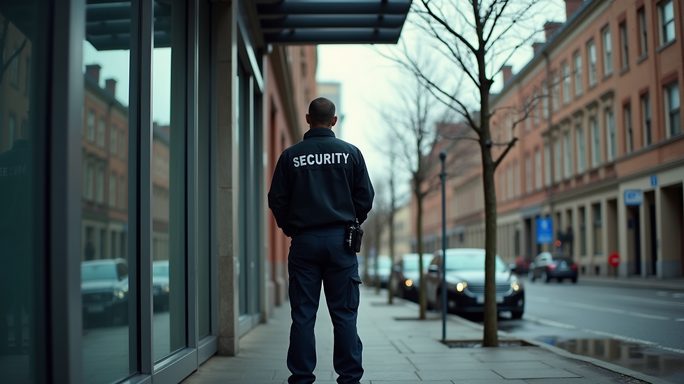 Eye-level view of a security guard standing outside a commercial building