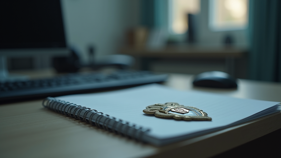 Eye-level view of a security guard badge on a desk