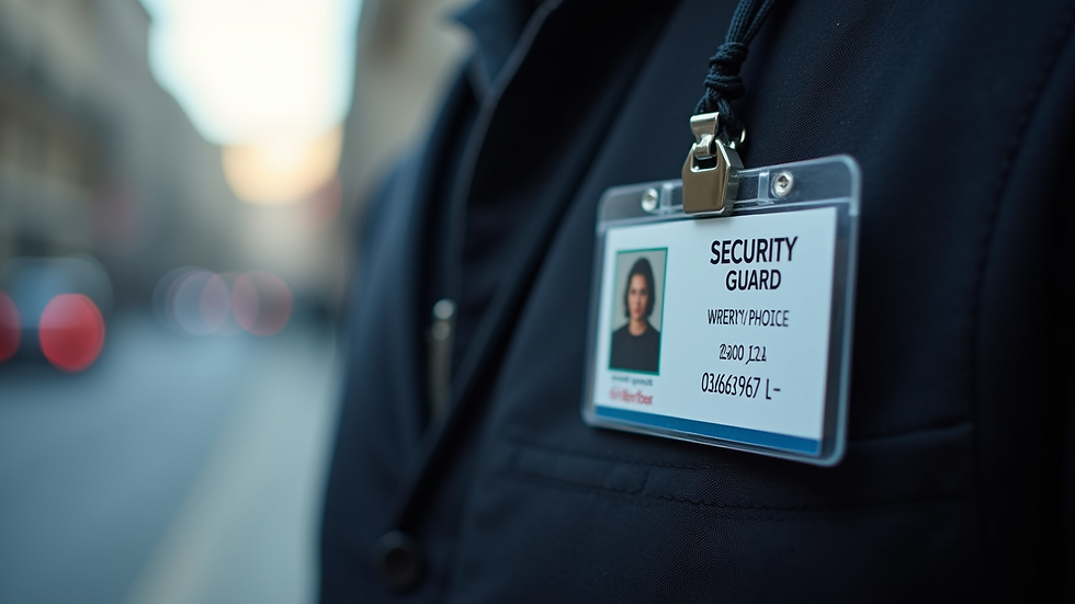 Close-up view of a security guard badge and ID card