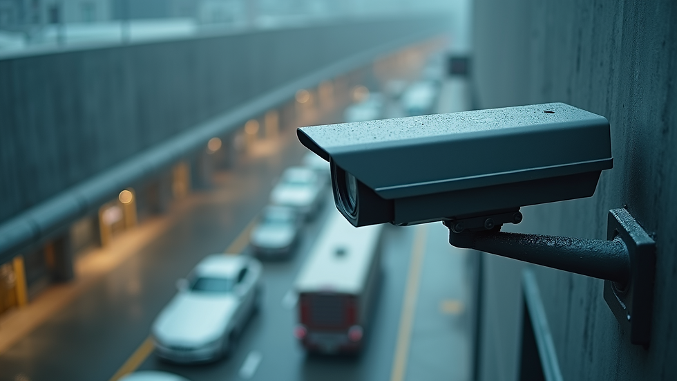 High angle view of a surveillance camera monitoring a facility