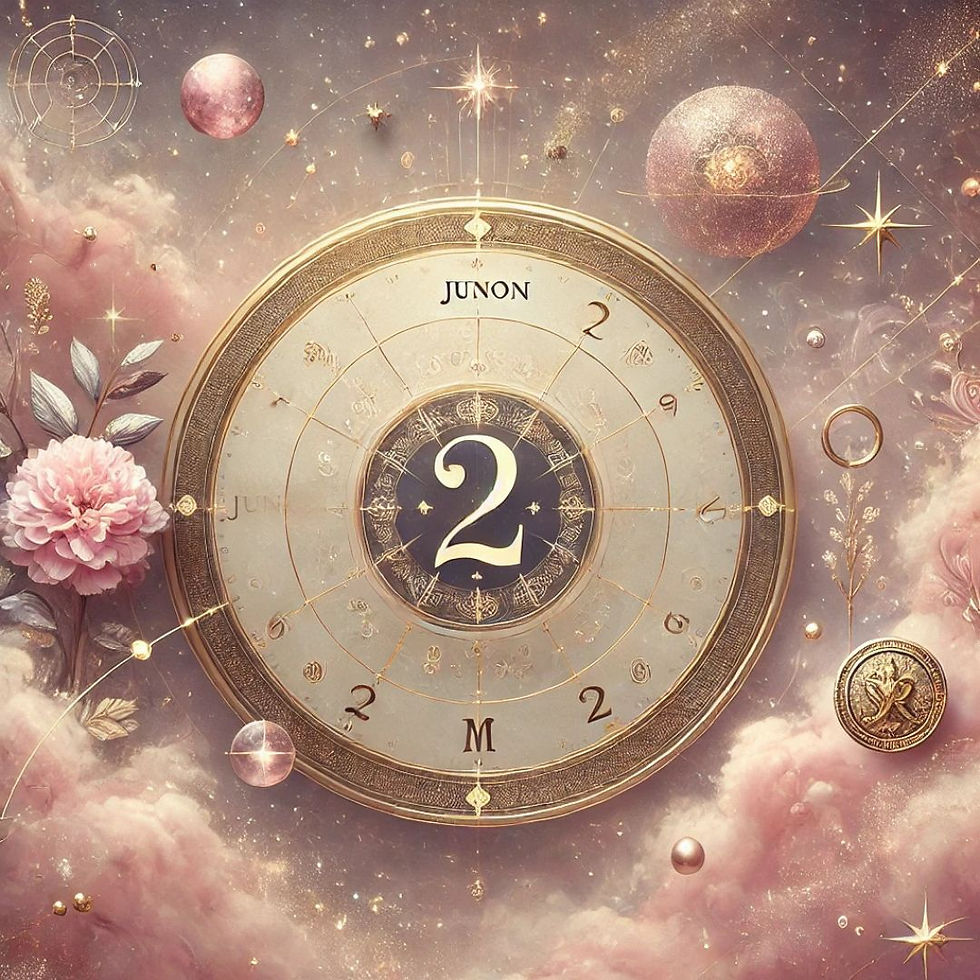 Une roue astrale dorée avec écrit Junon et maison 2 sur fond étoilé rose poudré et doré, des planètes roses ainsi que des étoiles et des fleurs roses décorent les côtés