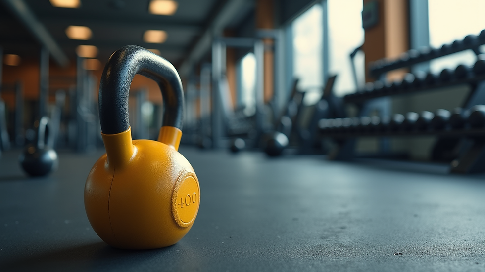 Close-up view of a kettlebell on gym floor ready for workout