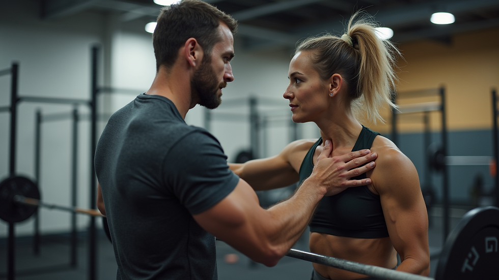 Close-up view of a CrossFit coach guiding a member during a workout