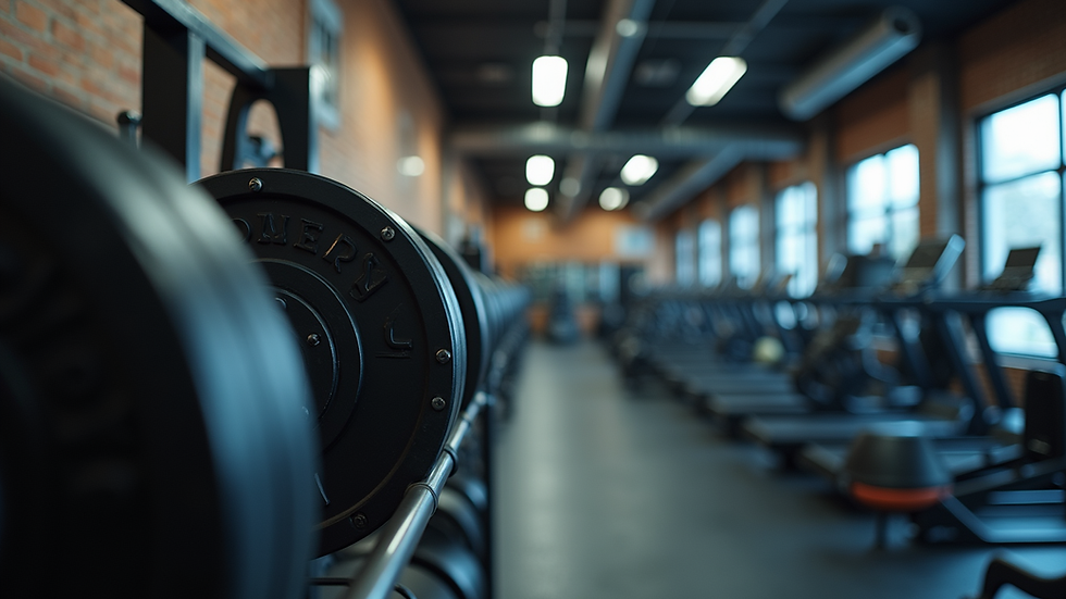 Eye-level view of a well-organized gym equipment rack in a local gym shop