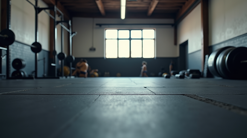 Eye-level view of gym floor with CrossFit equipment neatly arranged