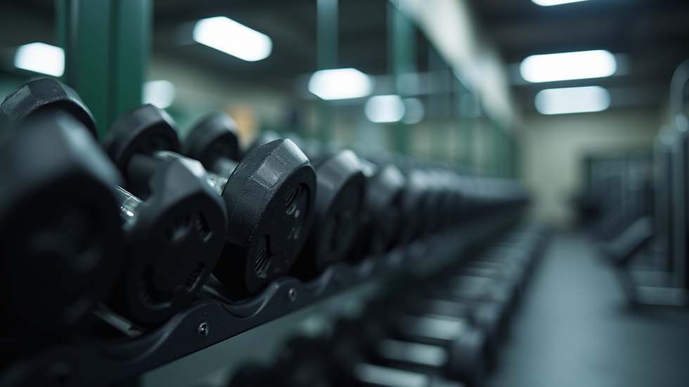 Close-up view of adjustable dumbbells on a rack in a gym