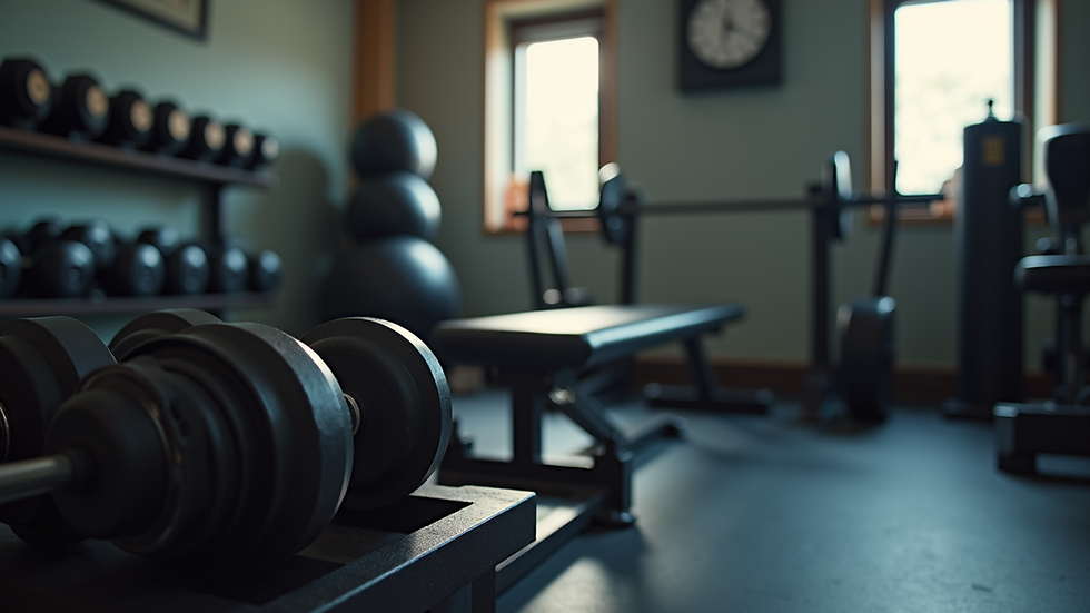 Eye-level view of a compact home gym setup with dumbbells and a bench
