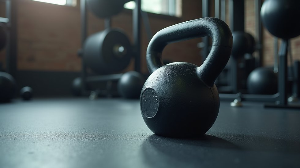 Close-up view of a kettlebell on gym floor