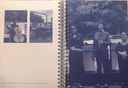 A bird's eye view of two pages from Ikon Youth Programme's 2022 publication, summarising the projects they did involving the slow boat. The publication has a ring binder, and white pages with blue-hued photographs. On the first page are two small photographs – one of Millicent playing the cello by the slow boat; and one of Ikon Youth Programme members mid-performance, holding sheets up and obscuring their bodies and faces. Taking up the entire second page is a photograph of the Word Life Corral, singing in front of the slow boat. Written over the photograph in a capitalised font is 'FIRMAMENT'