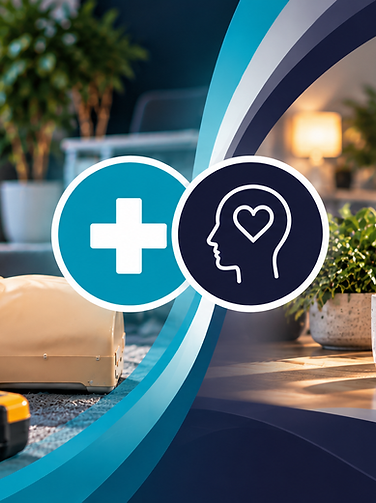 on the left, first aid equipment, the right a table with coffee cup and plant