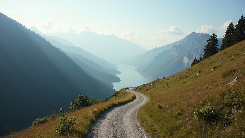 A serene landscape depicting a winding path through the mountains