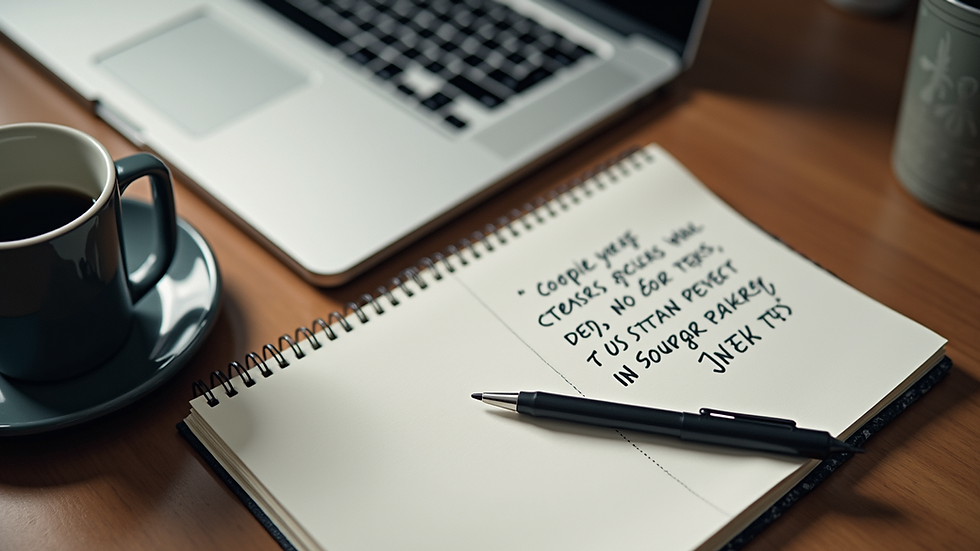High angle view of a desk with a laptop, notebook, and motivational quotes