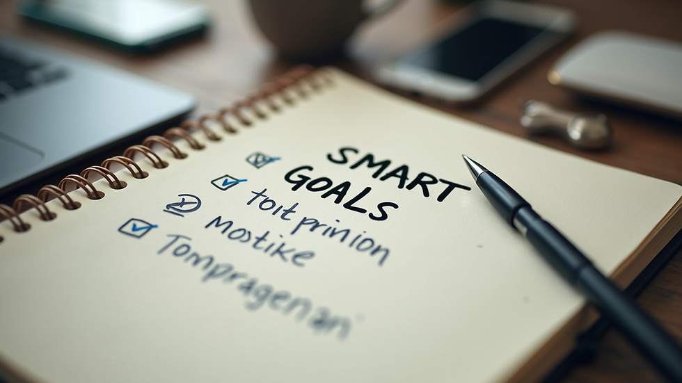 Eye-level view of a notebook with a handwritten SMART goals list