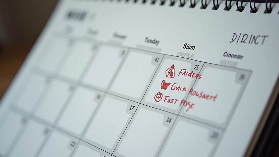 Close-up view of a calendar with marked milestones and notes