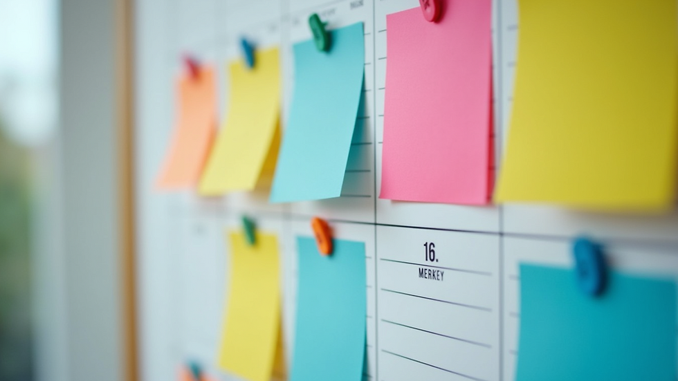 Close-up view of a calendar with marked dates and colorful sticky notes