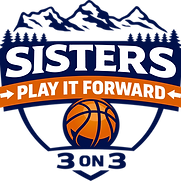 Sisters Play it forward logo with basketball, shield and mountains