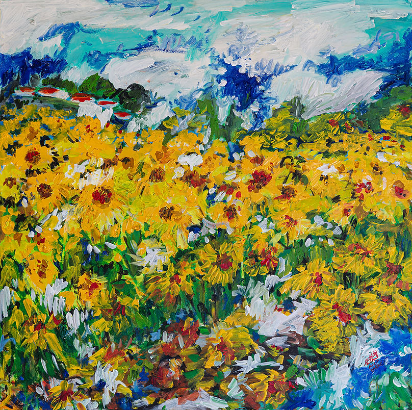 Sunflowers, expectation on yellow 100x100, Print, Acrylic on canvas, 2024.jpg