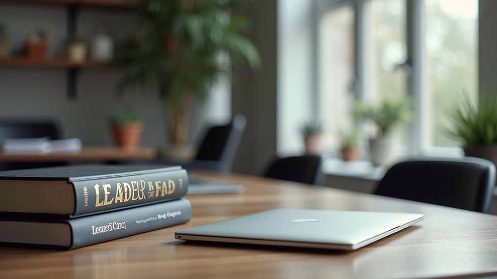 Eye-level view of a modern office desk with leadership books and a laptop