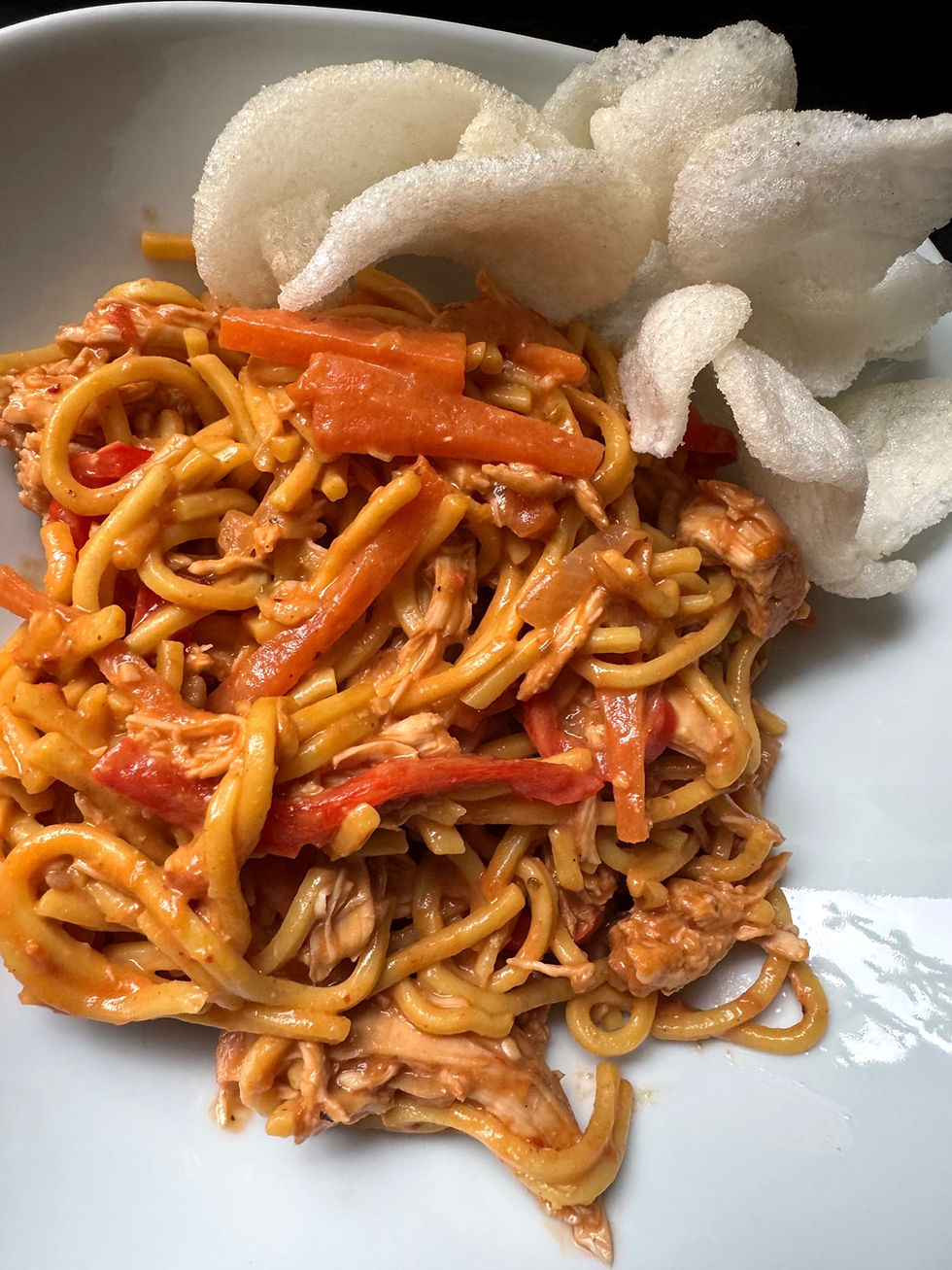 Slow Cooker Spicy Peanut Butter Shredded Chicken Noodles