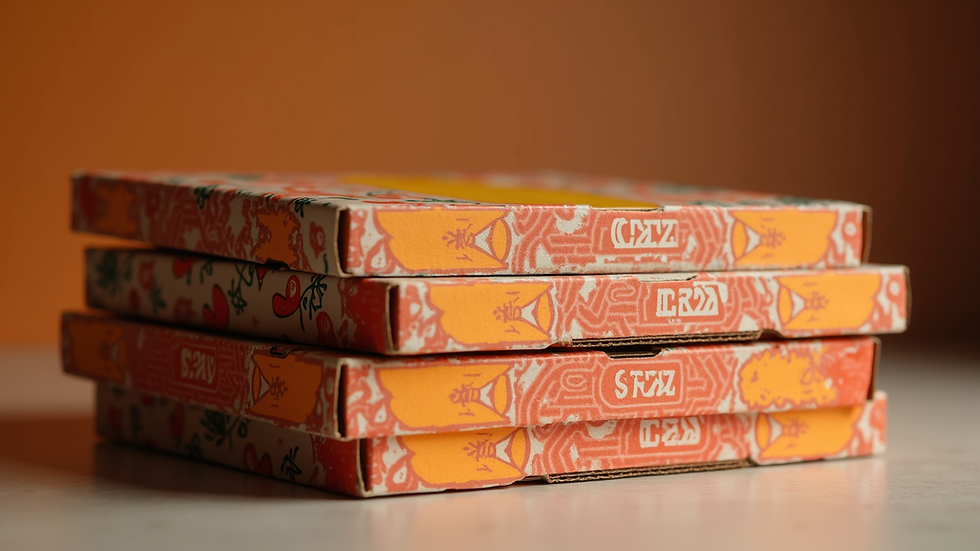 Eye-level view of a stack of custom-designed pizza boxes with vibrant branding