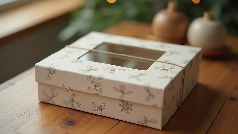 Close-up view of a printed gift box with a transparent window on a wooden table